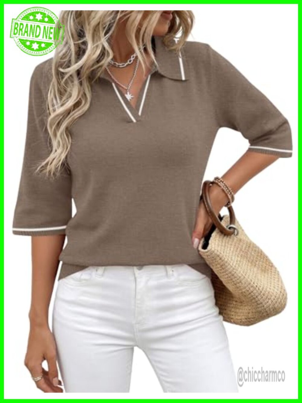 Rapbin 3/4 Sleeve Polo Sweater Knitted Collared Pullover